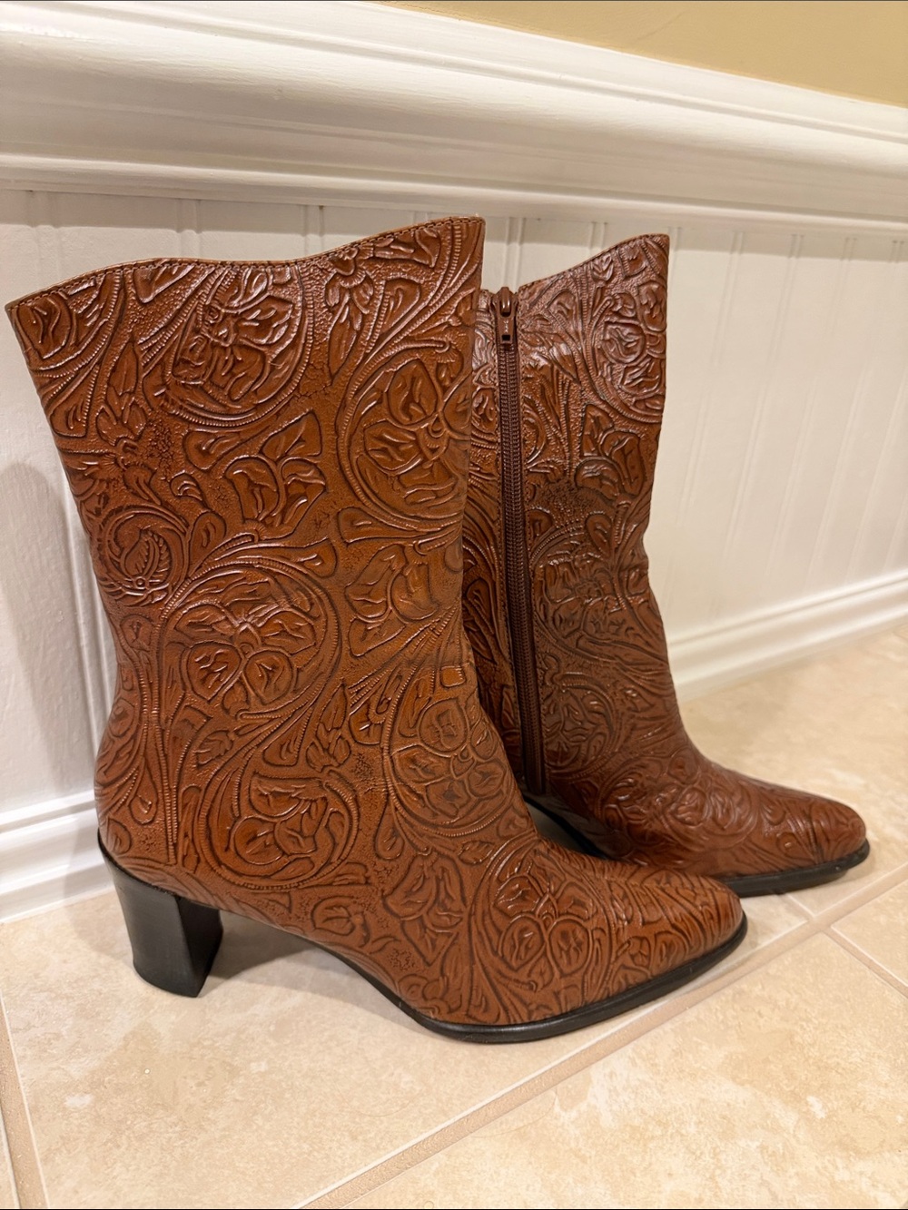 Brown Embossed Leather Mid-Heel Boots
